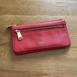 Fossil Red Leather Slim Zip Wallet Card Holder Clutch Organizer